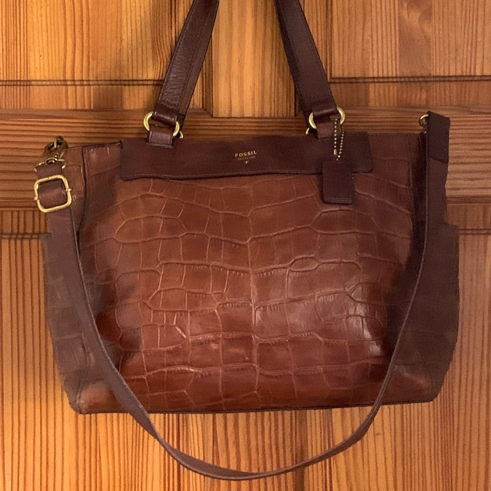 Fossil Leather Tote Purse Bag Brown Croc Embossing